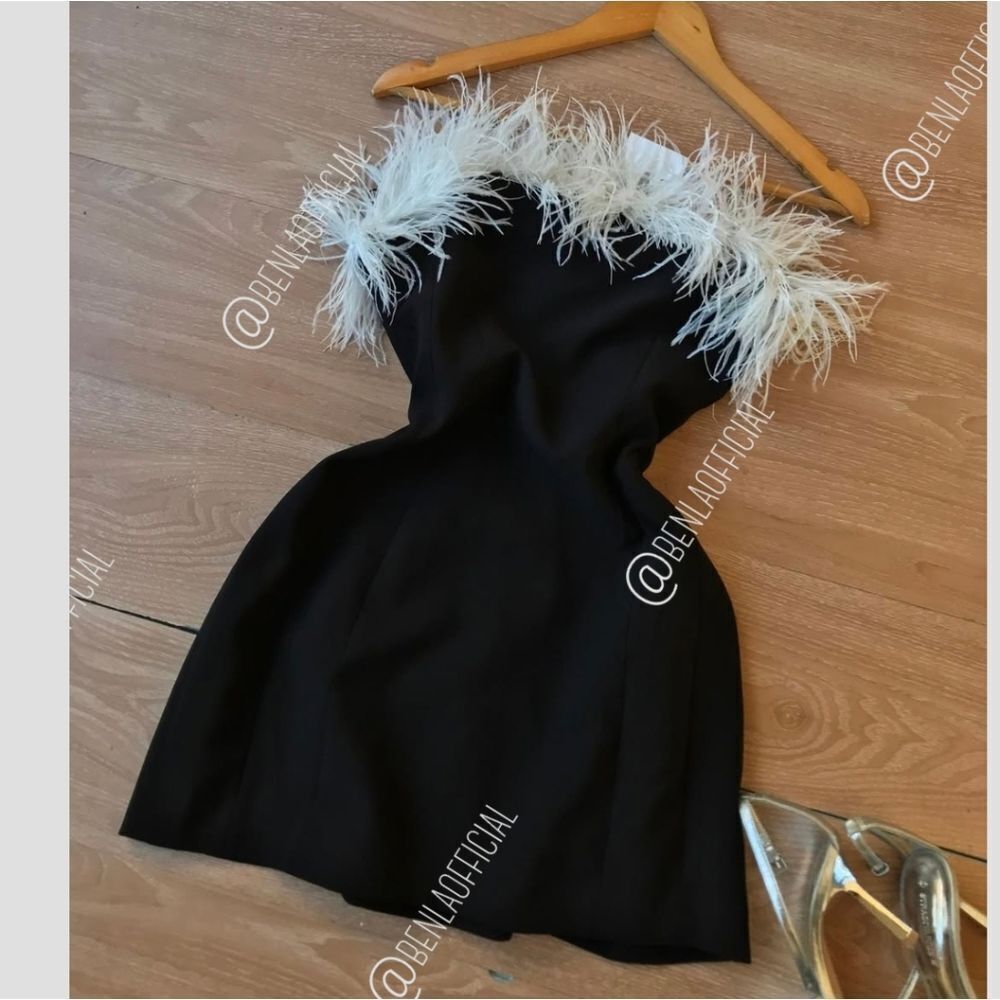 NWT ZARA feather stretchy dress contrasting black&white